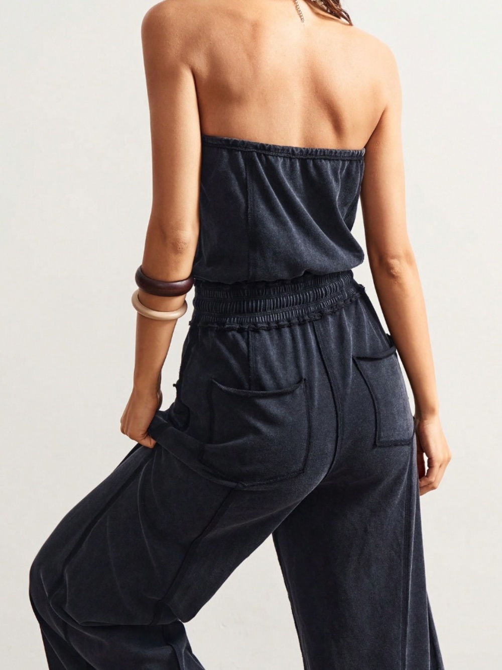 Cotton Blend Strapless Black Boho Wide Leg Jumpsuit with Pockets - Picture 5 of 9